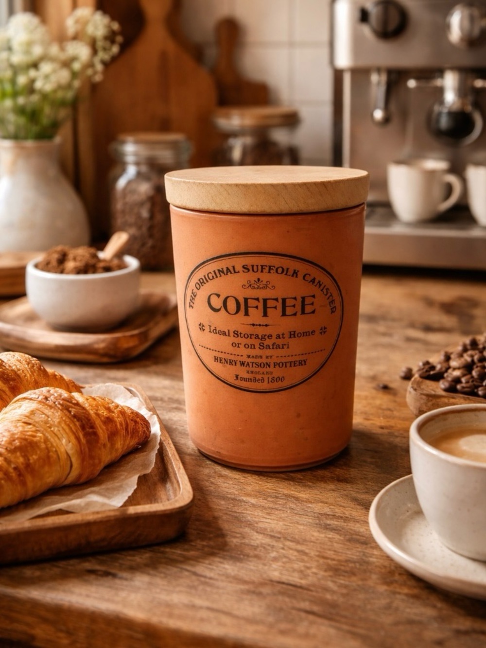 Henry Watson Suffolk Coffee Canister Terracotta Ceramic Jar‎ Wood Lid Rustic